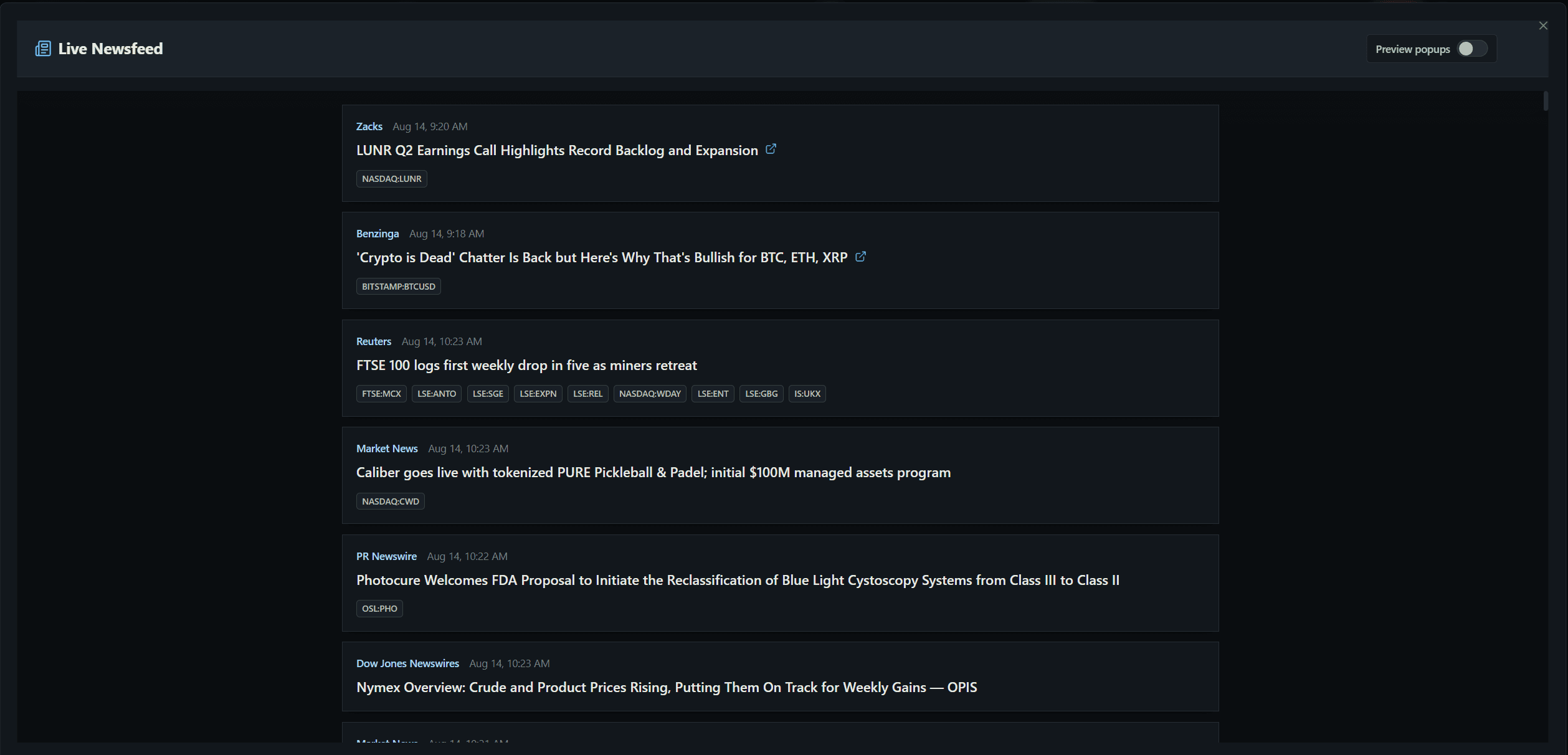 BASALT live newsfeed with current headlines, sources, timestamps, and market tags