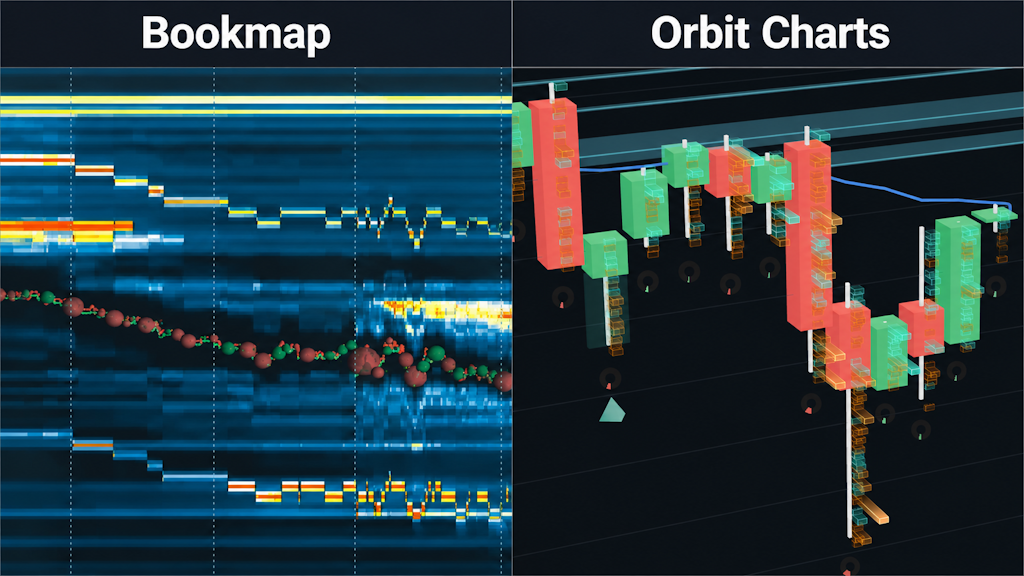 Side-by-side comparison of a Bookmap-style 2D heatmap and the Orbit Charts 3D order-flow view